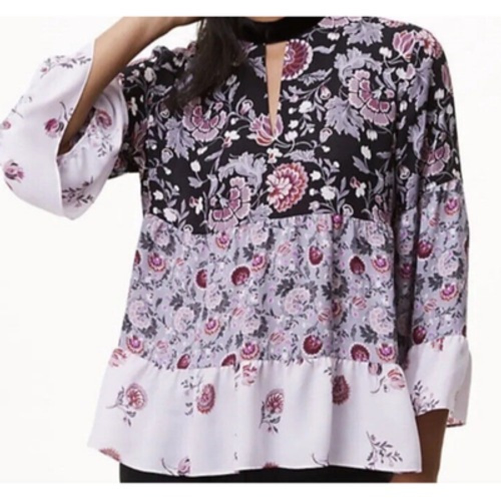 Ann Taylor Loft Floral Tiered Blouse Velvet Trim Bell Sleeve Boho Career sz M